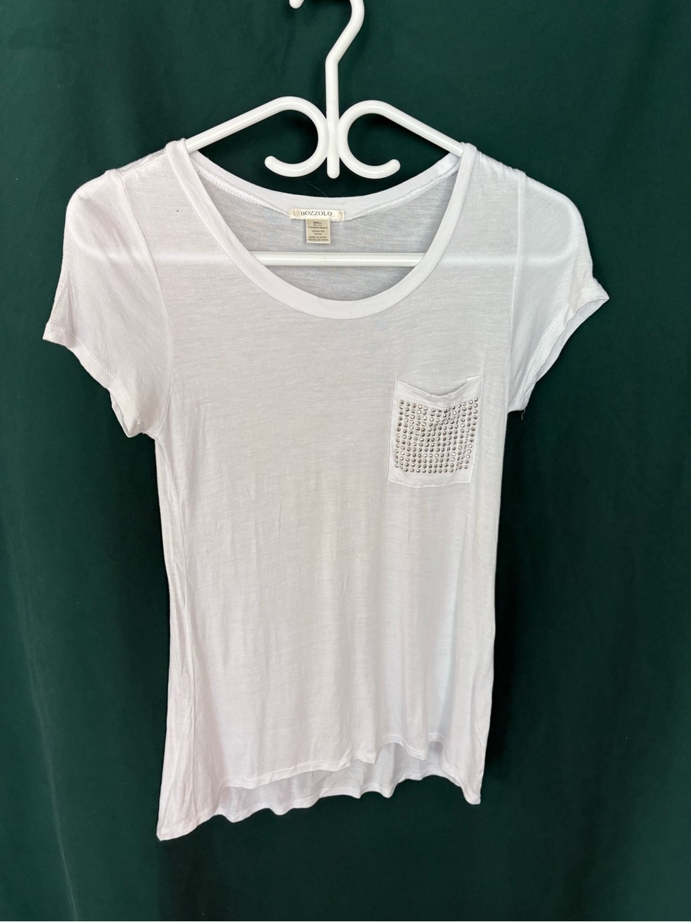 Reinstone white Scoop Neck Tee with Embellished Pocket